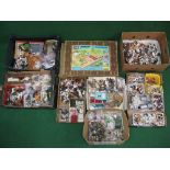 Seven boxes of loose, plastic, Britains farm items to include: figures, animals, fencing,