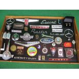 Tray of vehicle motifs etc to include: Humber, Jowett Javelin, Morris, Austin, Ford, Hillman,