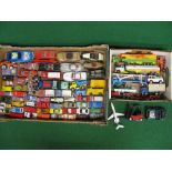 Two boxes of appox seventy diecast vehicles by Majorette, Playart, Corgi Juniors, Tootsietoys,