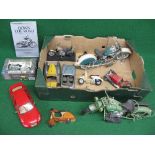 Box of motorcycle models and larger scale cars by Timely, Burago, Ertl,