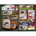 Two boxes of mostly boxed Corgi and Dinky diecast vehicles from the 1990's/2000's mainly of MG or