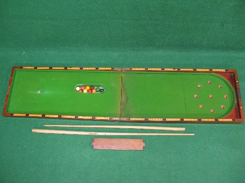 Victorian mahogany folding Bagatelle game with ten balls and two cues - 72" x 17" when open