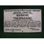 Cast iron South Eastern & Chatham Railway Managing Corn (Railway Act 1901) Trespass Notice in