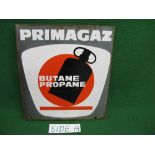 Double sided enamel sign for Primagaz Butane, Propane, featuring a black gas bottle on a red,