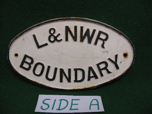 Cast iron oval plate with L&NWR Boundary in raised black letters on a white ground - 14" x 8"