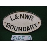 Cast iron oval plate with L&NWR Boundary in raised black letters on a white ground - 14" x 8"