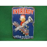 Eveready enamel sign featuring an Eveready boy striding forth with his Eveready torch over a row of