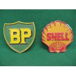 Two embossed cast aluminium pump plaques for Shell and BP with three threaded fixings to the rear -