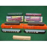 Seven OO scale items to comprise: two Kitmaster coaches (built, with boxes), two wood,