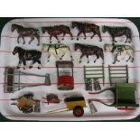 Tray of metal cart horses, carts, churns,