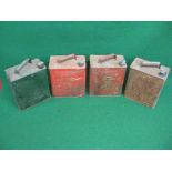 Four, two gallon petrol cans to comprise: two Esso with plain caps, Shell Motor Spirit and Pratts,