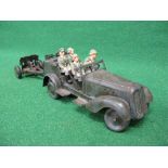 Clockwork tinplate open topped camouflaged vehicle containing four hand painted WWII Germans and