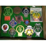 Tray of car badges to include: Bentley Drivers Club, Midland Bank Motoring Club,