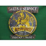 Enamel sign for Bedford Made In England Trucks & Buses, Sales & Service, featuring the Griffin logo,