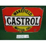 Enamel advertising sign for Castrol Motor Oil - Wakefield, black letters on a white,