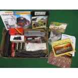 Box of Hornby Railways OO items to include: track, points, platforms, three 4 wheel carriages,