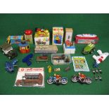 Mixed lot of metal, plastic, wood and tin toys, some boxed,