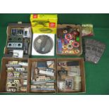 Five boxes of plastic OO/HO model buildings and line side structures, wiring,