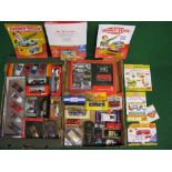 Two boxes of boxed and loose diecast vehicles from Schuco, Corgi, Maisto, Oxford, Matchbox, Vitesse,