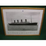 Black and white print of RMS Titanic by Beken of Cowes Isle of Wight with figures and facts listed