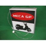 Metal framed one sided illuminated advertising sign for Meca GP incorporating a silhouette of a