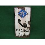 Enamel road sign for RAC Box 3/4 M, featuring blue RAC logo and black telephone hand set,