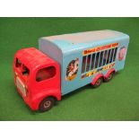 Triang tinplate six wheel Circus Van in red and light blue livery with white rear door - 23" long