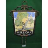 Large double sided colourful enamel Mile Oak pub sign featuring a rambler enjoying a pint under an