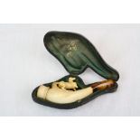 19th century ' Horse ' Meerschaum Pipe with Amber Mouth Piece fitted in a Case marked BBB