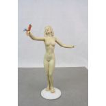 Schau Bach Kunst ceramic model of a Nude female, Art Deco style with coloured Bird on her hand,