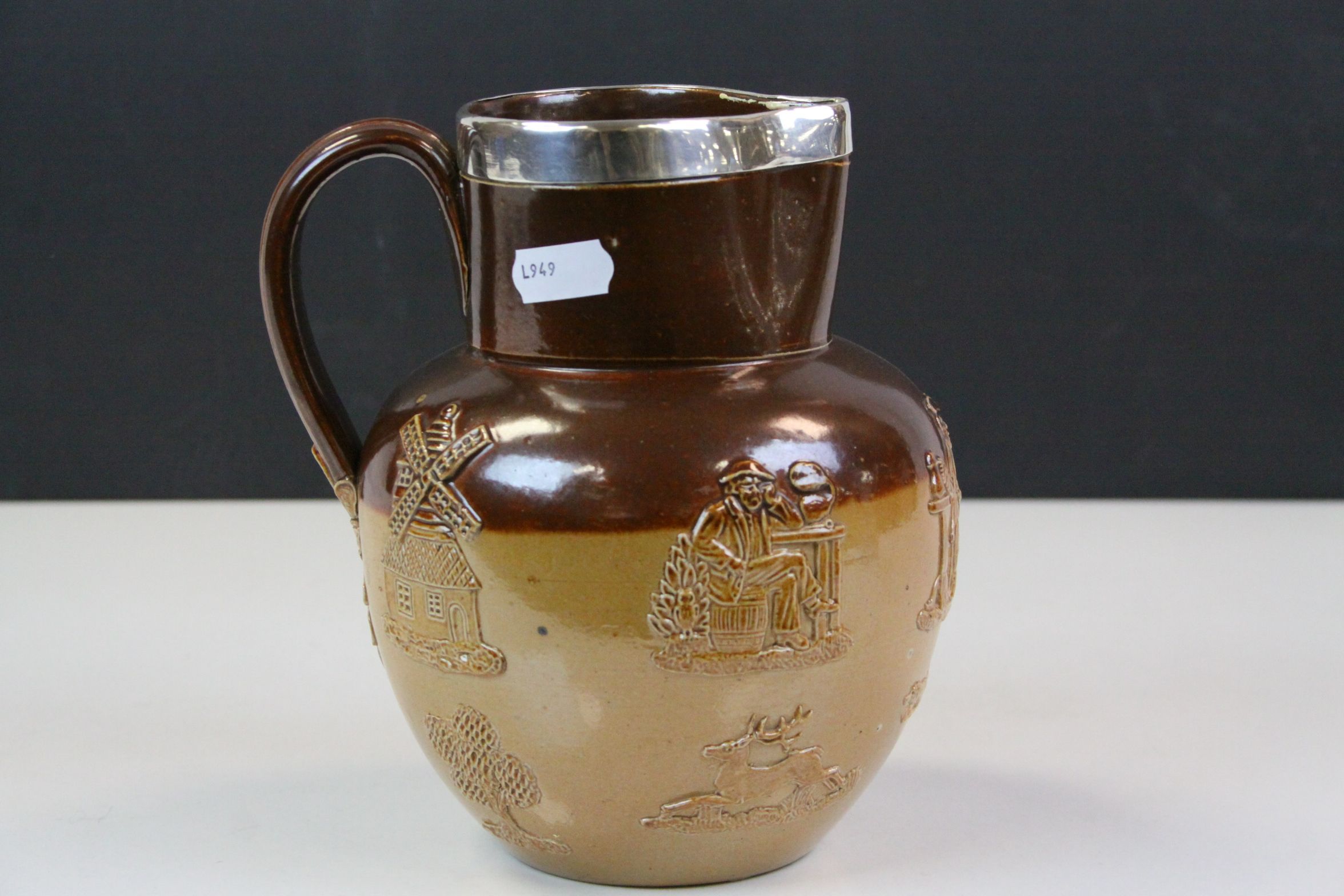 19th Century Doutlon Lambeth stoneware Harvest pattern Jug with Hallmarked Silver rim, stands approx - Image 4 of 5