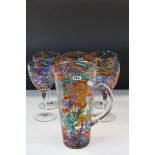 Art glass jug and six glasses with coloured strand design