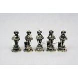 Set of Five White Metal Place Name / Menu Holders in the form of 18th century Male Servants, each