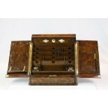 Victorian Burr Walnut veneer Stationary box with Calendar & Glass inkwells, measures approx 33 x