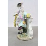 19th Century Meissen ceramic figure of a Dandy holding a Compact & Posy, marked to base, stands