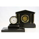 Slate Mantle Clock with Roman building design plus another ebonized wooden frame circular Mantle