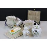 Small collection of ceramics to include Belleek & Aynsley plus a boxed set of six Silver plated