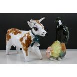 Karl Ens ceramic model of a Cockerel plus a Continental ceramic Cow with Bell around it's neck,