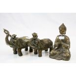 Chinese bronze Buddha with four character marks to base plus a Pair of Bronze Elephants