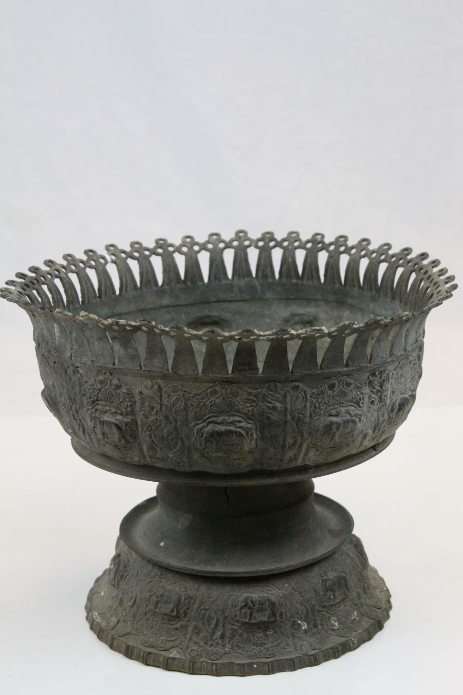 Antique Asian Bronze pedestal Bowl with applied Elephant decoration & made in two pieces, bowl - Image 2 of 5