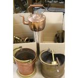Two boxes of mixed Copper & Brassware to include; Kettles, Bugle, Spit Roasts, Coal Buckets,