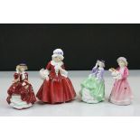 Four Royal Doulton ceramic figurines to include; Lavinia HN1955, Top O' the Hill HN3499, My First