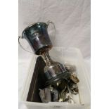 Box of mixed vintage Silver plate to include Cutlery, twin handled Trophy, boxed Fish serving
