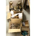 Large collection of vintage Oil Lamp parts to include Shades, Funnels & mainly Brass Lamps