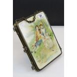Brass framed three fold dressing table Mirror with romantic couple scenes to verso, approx 26 x 20cm