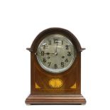 Marquetry inlaid Mahogany cased Mantle Clock with pendulum & key, measures approx 31 x 24 x 13.5cm