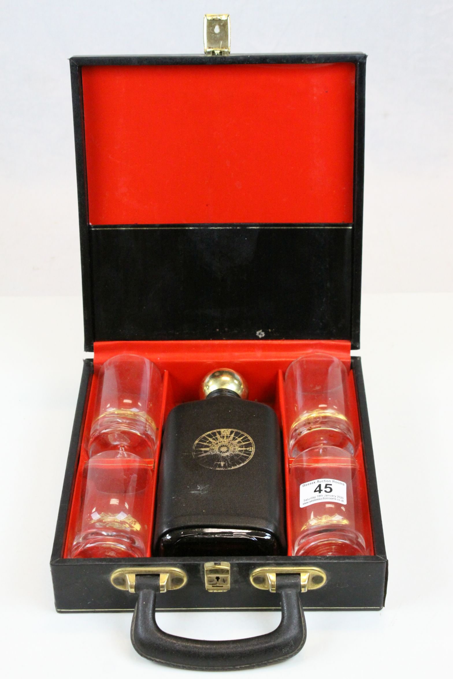Retro Black Case fitted with a set of Four Dartington Glass Whiskey Tumblers and a Whiskey