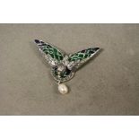 Silver and plique a jour bird brooch