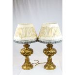 Pair of Gold Finished Carved Wooden Table Lamps with Silk Shades