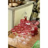 Collection of 19th Century Cranberry glass to include a Caraffe style Decanter, flared vase,